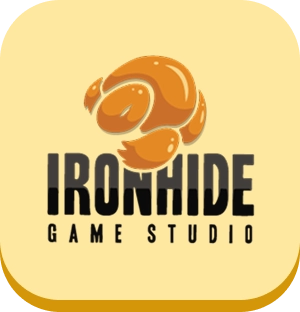 Het logo van Ironhide Game Studio, met daarboven de naam Ironhide Game Studio en een gestileerd oranje wezen als embleem; de ontwikkelaar van de Kingdom Rush-serie van tower defense-spellen.