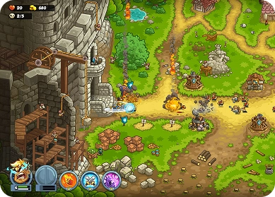 Een klassieke Kingdom Rush-gameplaykaart met verdedigingstorens, kronkelende wegen en vijandelijke golven die zich door een middeleeuwse fantasiewereld bewegen.