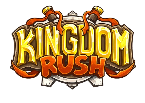 Officieel Kingdom Rush-spellogo met fantasievolle middeleeuwse typografie en een schildembleem dat het populaire tower defense-strategiespel vertegenwoordigt.