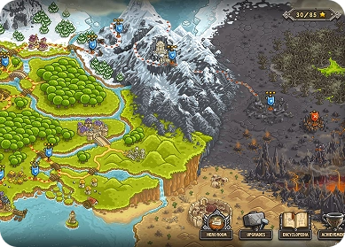 Wereldkaart van Kingdom Rush met meerdere regio's, bossen, bergen en levels in het fantasy-torenverdedigingsstrategiespel.